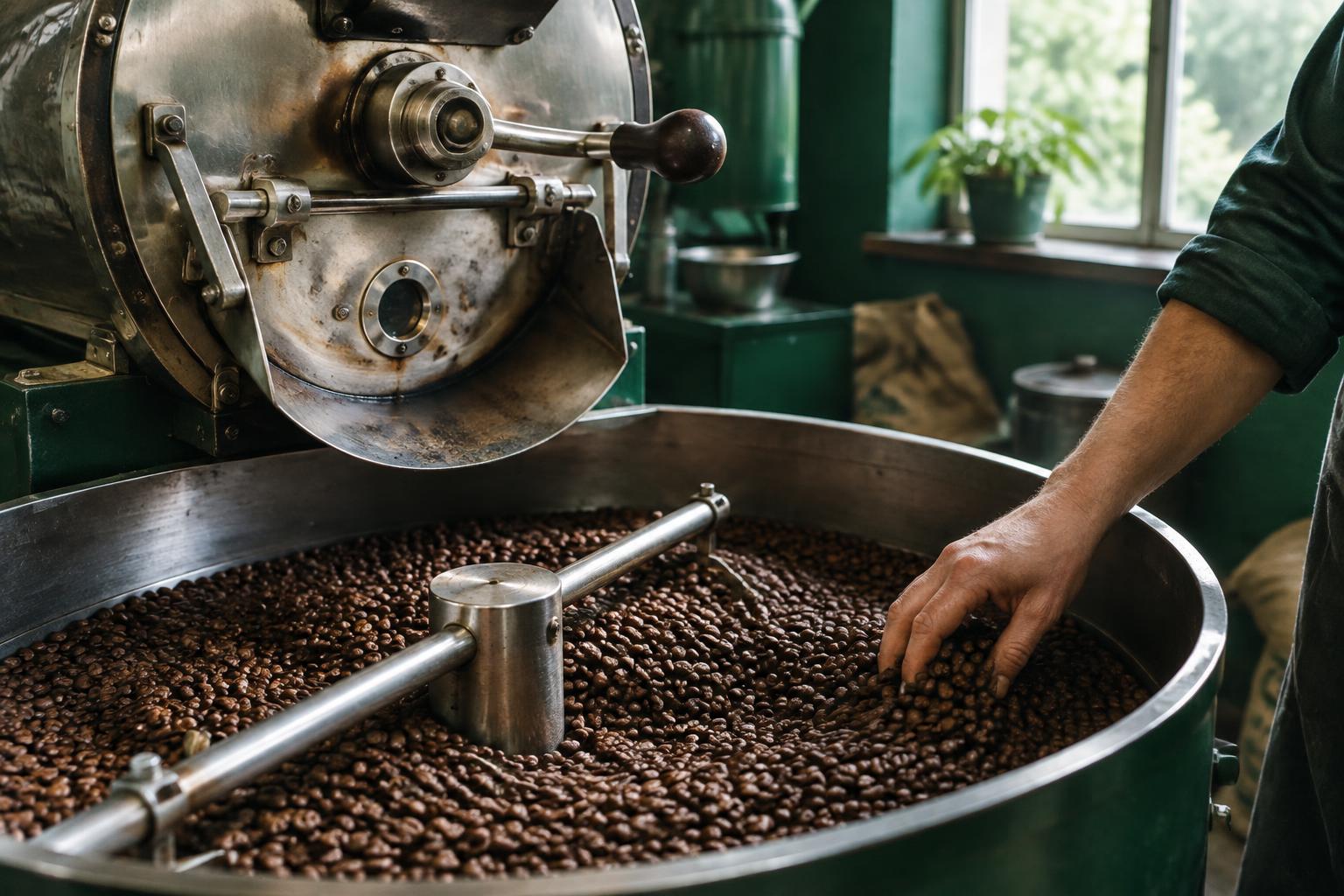 Freshly roasted Kenyan coffee beans in a coffee roaster
