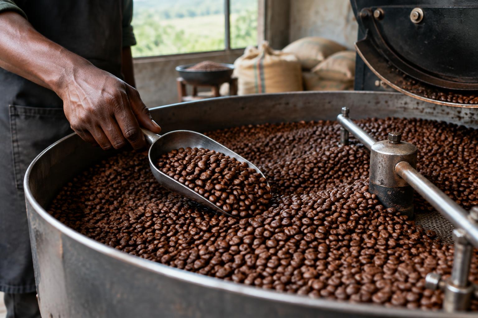 Freshly roasted coffee beans cooling in the roaster tray