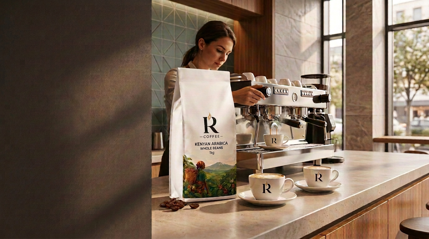 Espresso prepared at a coffee bar with R Coffee branded cups and packaging