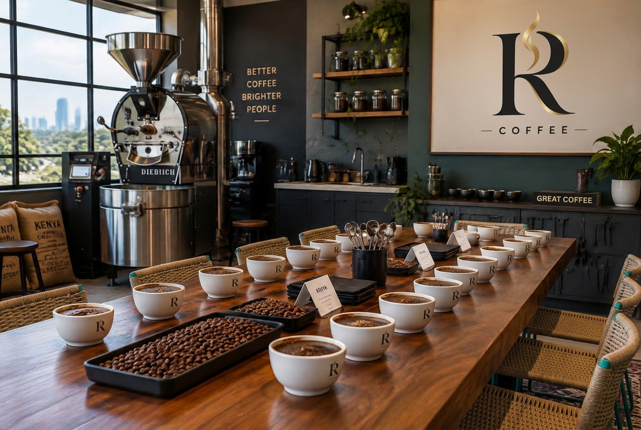 R Coffee cupping room with roasting machine