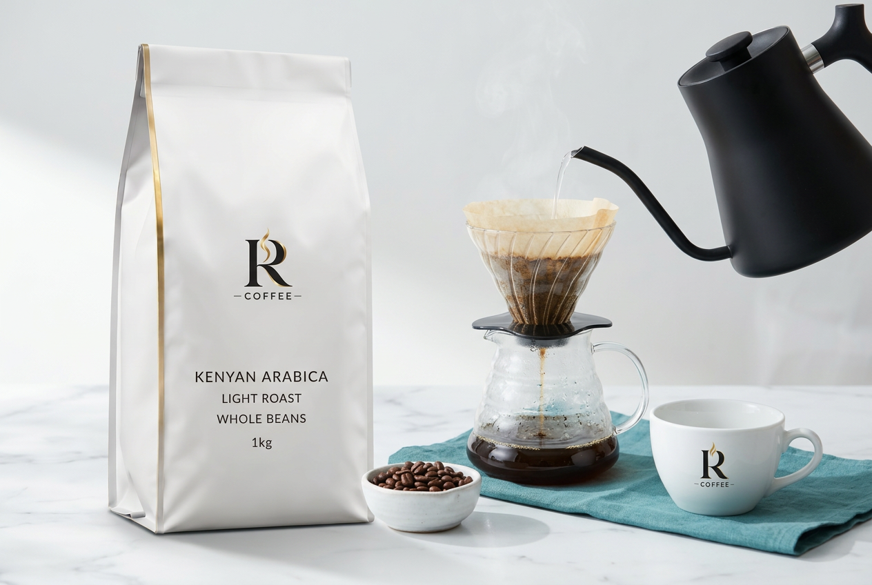 R Coffee packaging beside a freshly brewed branded cup of Kenyan coffee