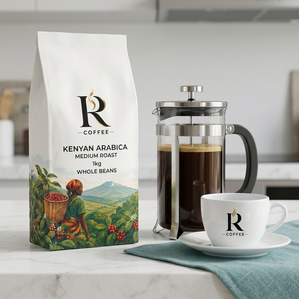 R Coffee branded packaging and cup with french press brewer